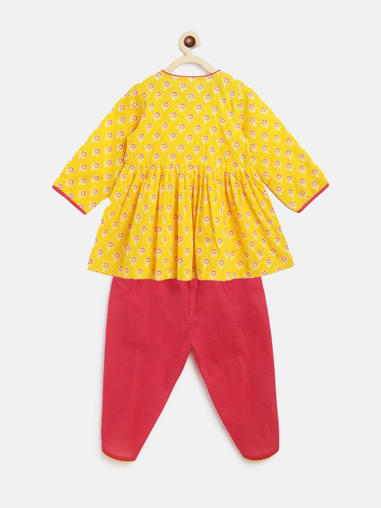 Campana Kids Yellow & Magenta Small Flower Motif Print Kurti with Dhoti