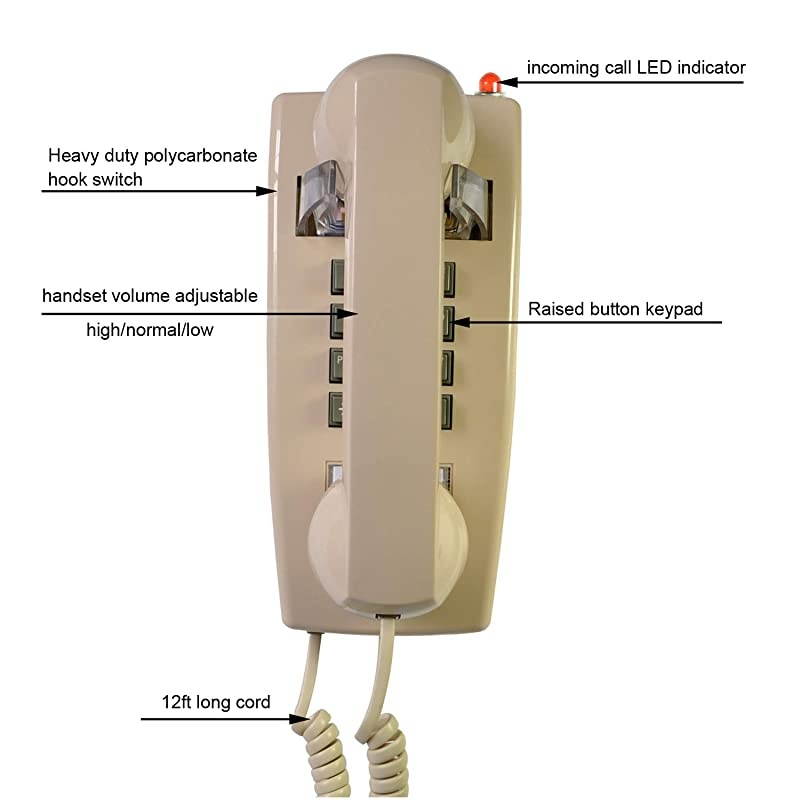 Corded Wall Phone, Analog Wall Mount Phone with Cord, Vintage Wall Mounted Telephones Landline with Loud Traditional Phone Ringer and Handset Volume Control- Wall Mount Jack Required