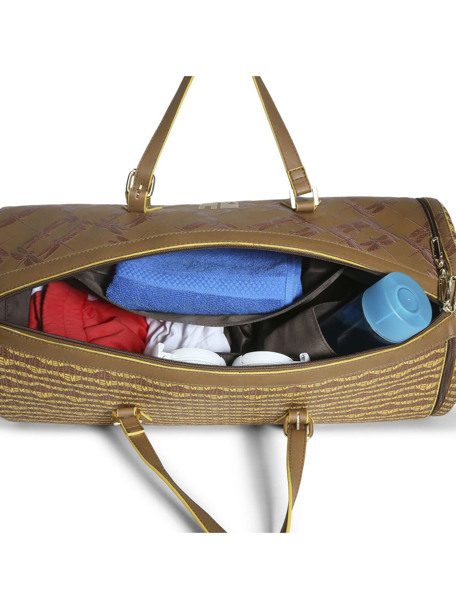 Eume Dragonfly Rubber Brown Leather Printed Duffle Bag