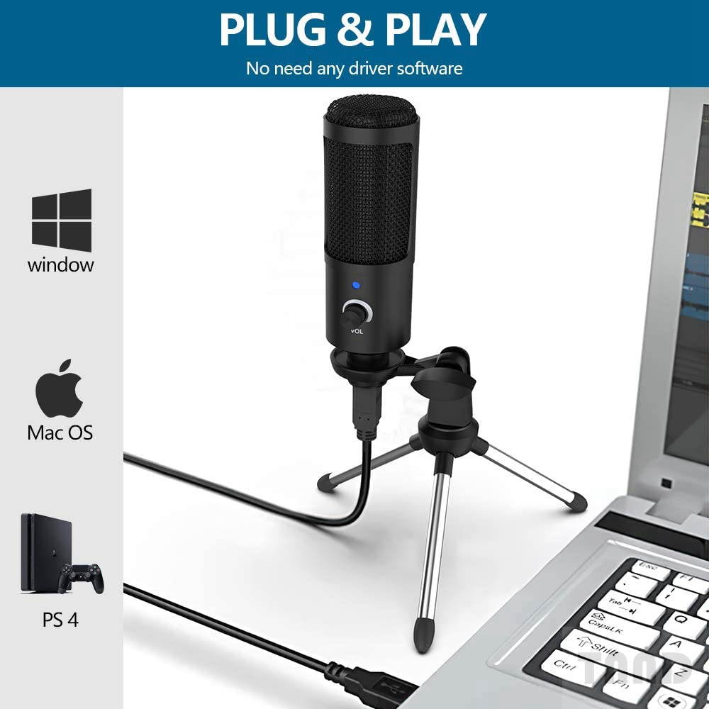 USB Microphone,  Metal Condenser Recording Microphone for Laptop MAC or Windows Cardioid Studio Recording Vocals, Voice Overs,Streaming Broadcast and YouTube Videos