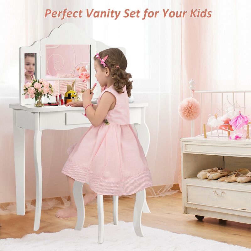 Costway Vanity Table Set Makeup Dressing Table Kids Stool Mirror