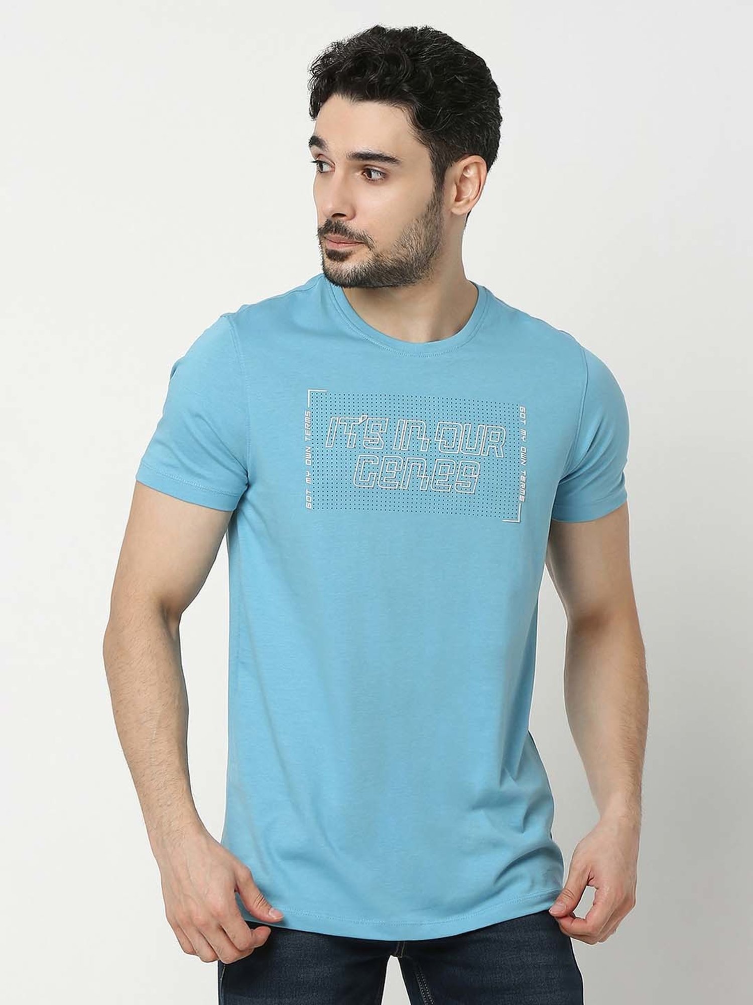 UnderJeans by Spykar Blue Regular Fit Self Design Cotton Crew T-Shirt