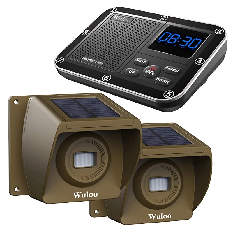 Driveway Alarm Wireless Outside 1800ft Range, Outdoor Motion Sensor & Detector Driveway Alert System with Rechargeable Battery/Weatherproof/Mute Mode(1&2-Brown)