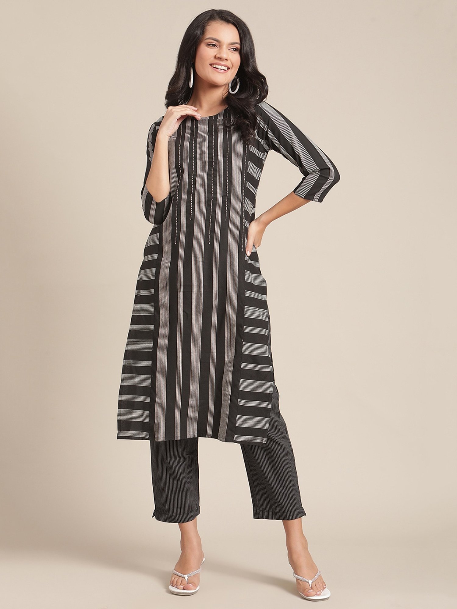 KSUT Black Cotton Blend Striped Kurta Pant Set