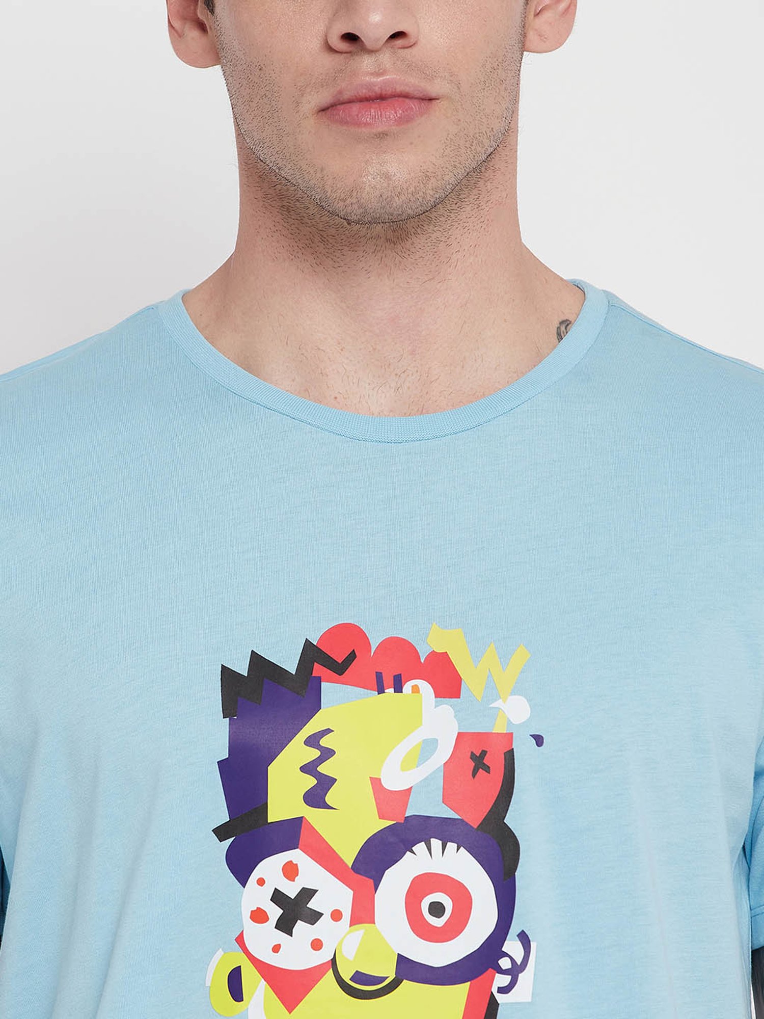 EDRIO Light Blue Regular Fit Printed T-Shirt