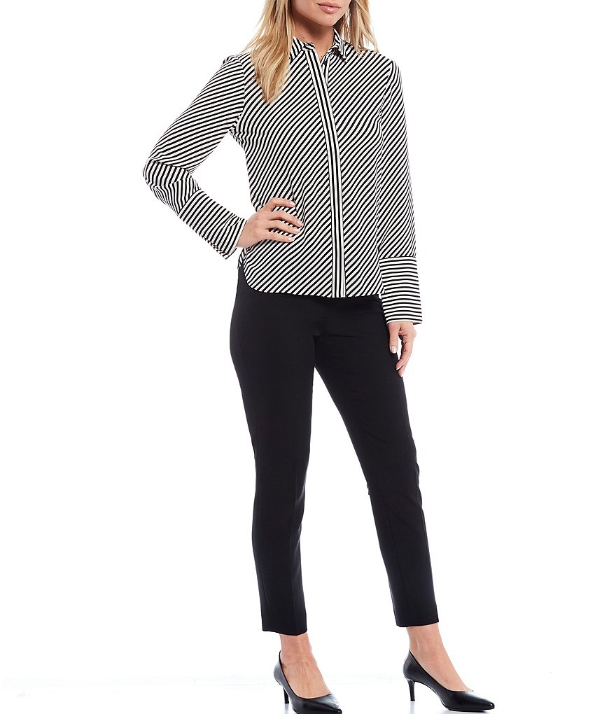 Anne Klein Point Collar Neck Long Cuff Sleeve Diagonal Stripe Button Down Crepe Blouse