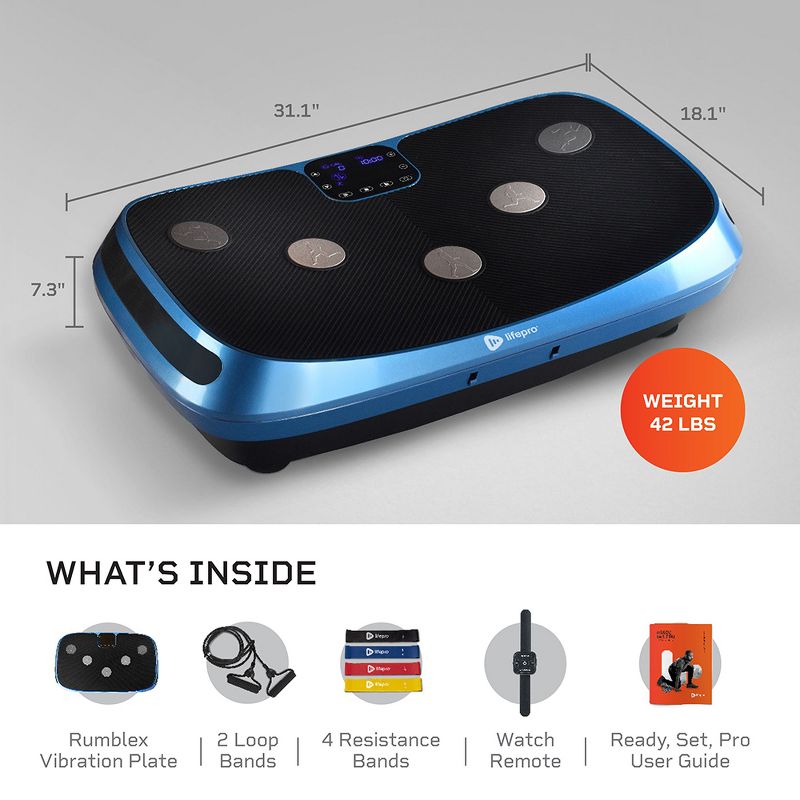 Lifepro Portable Home Body Weight Training Fitness Exercise Workout Rumblex 4D Vibration Plate Platform Equipment Machine w/ Resistance Bands, Blue