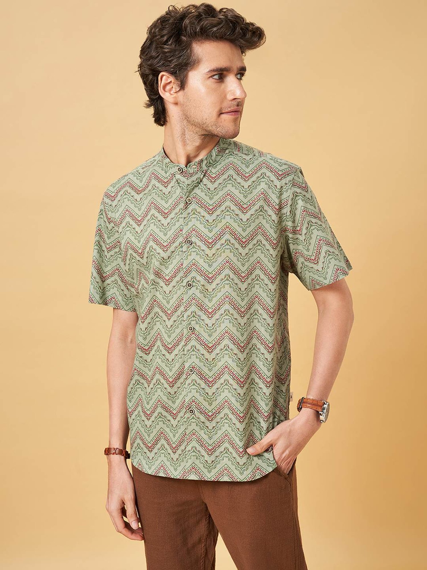 Indus Route By Pantaloons Powder Blue Regular Fit Printed Shirt