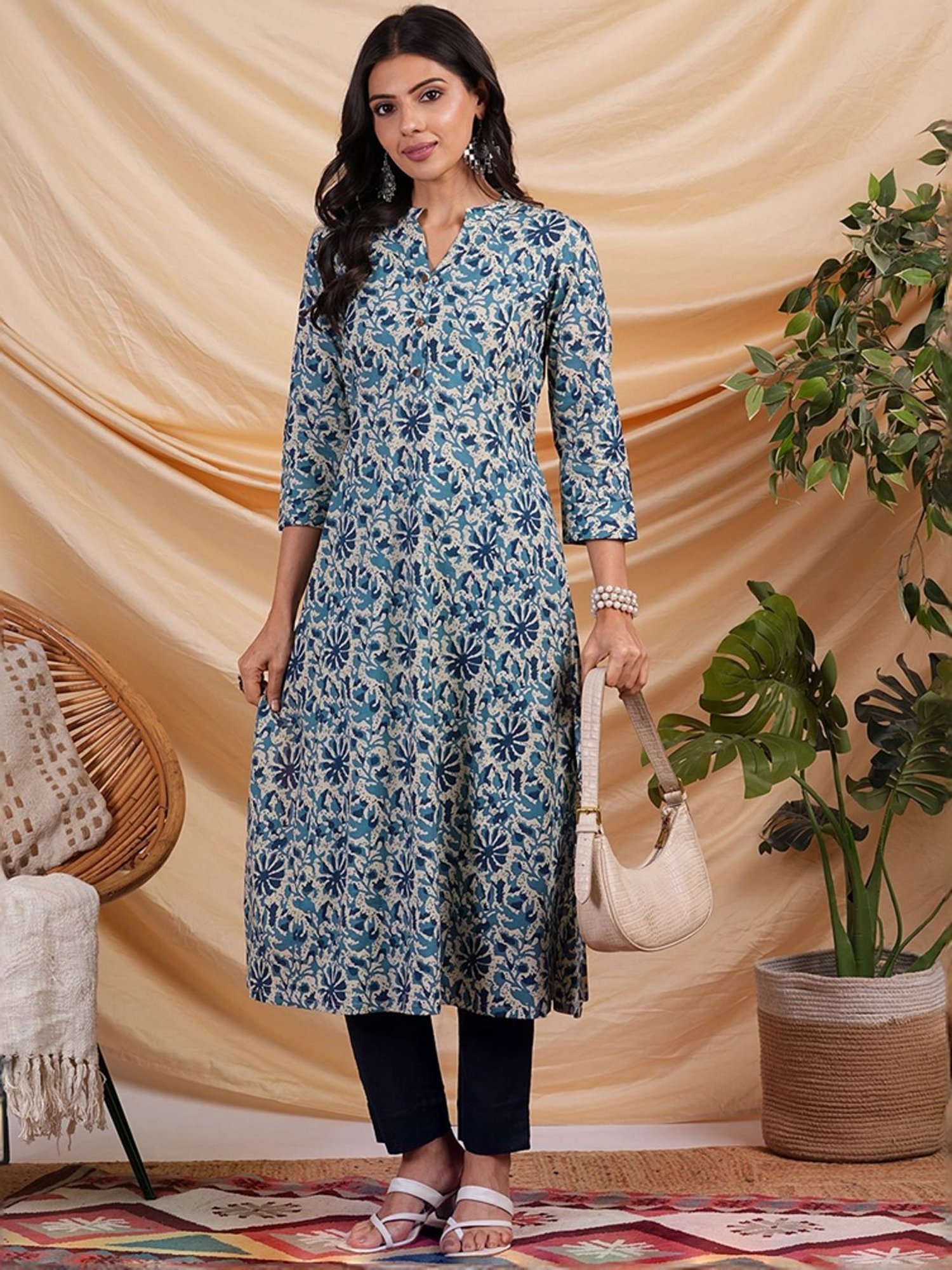 Kami Kubi Blue Cotton Printed A Line Kurta
