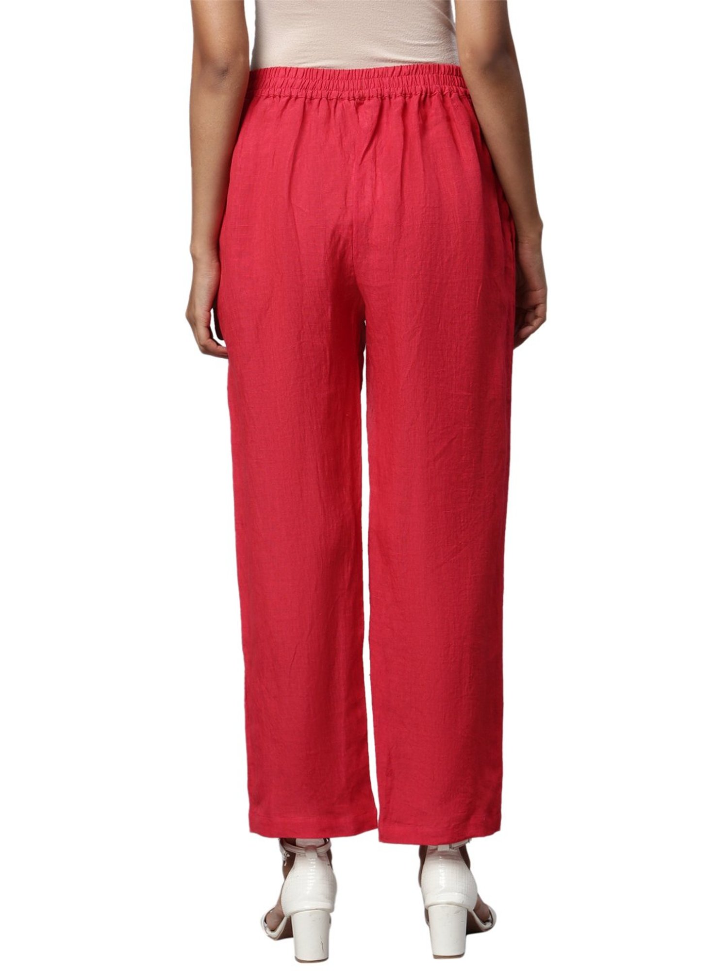 Linen Club Woman Red Regular Fit Pants