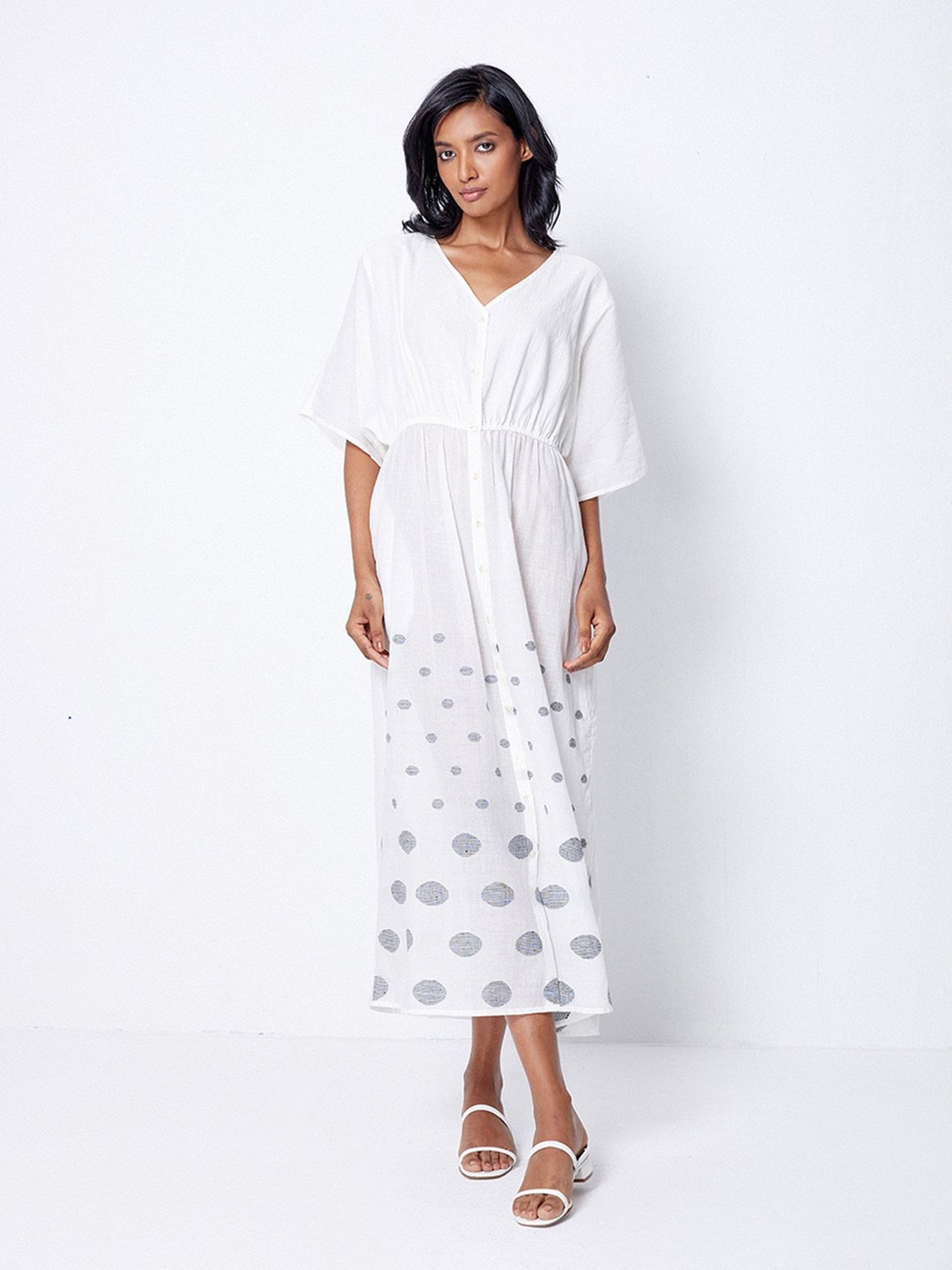 ANCESTRY White Cotton Printed Midi Dress