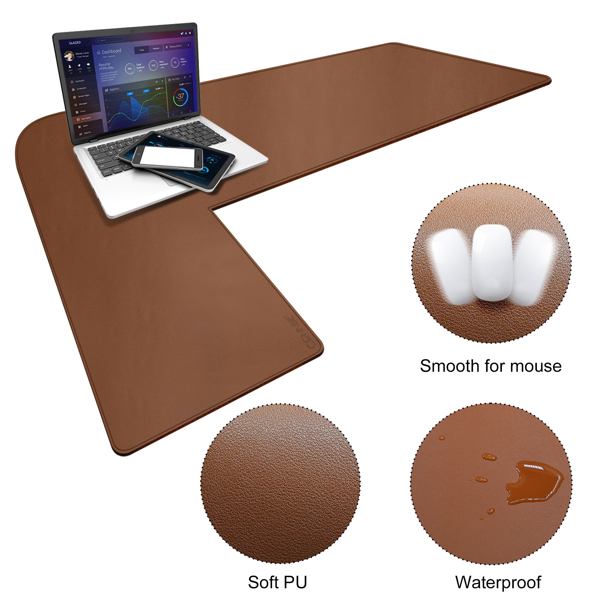 L Shaped Desk Pad - Multipurpose Waterproof Office Leather Desk Mat and Reversible Corner Desk Blotter Pad -43.351.2in L-Shaped Corner Desk Pad Protector (Brown)