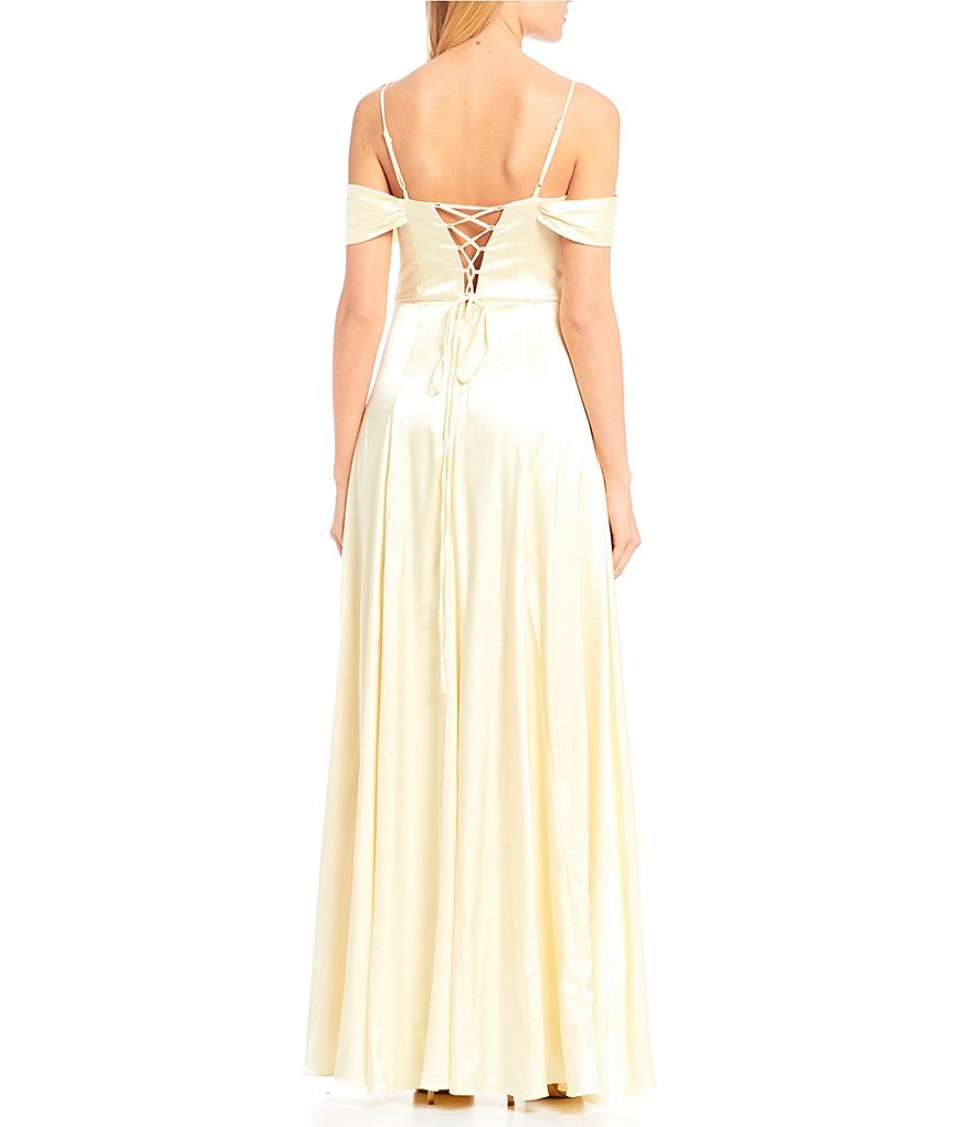 Sequin Hearts Off-The-Shoulder Satin Lace-Up-Back Side Slit Long Dress
