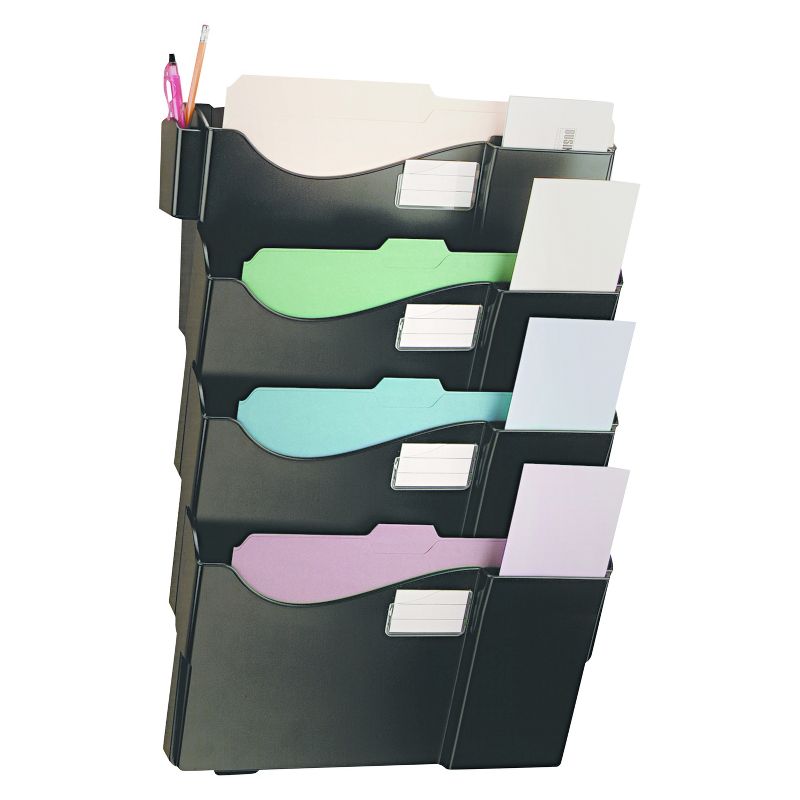 Universal Grande Central Filing System, Four Pocket, Wall Mount, Plastic, Black