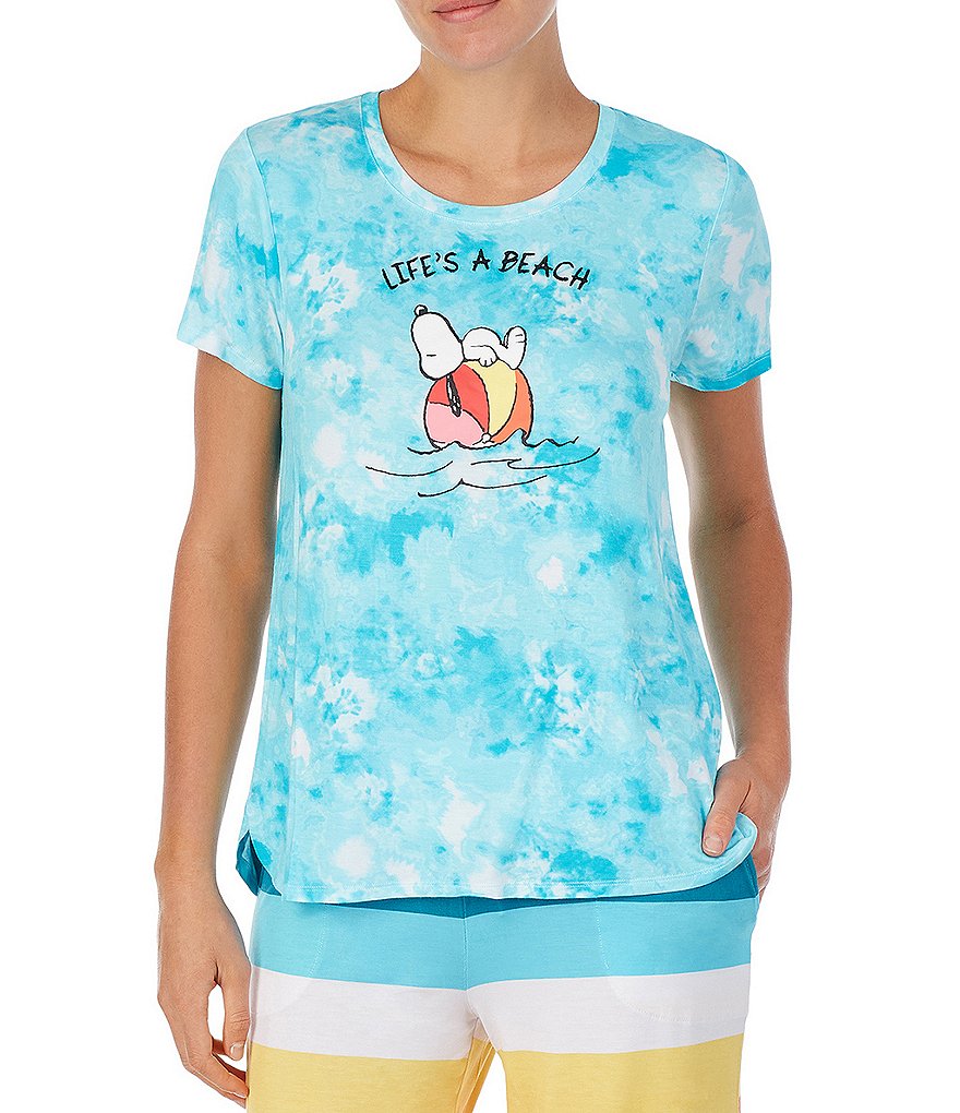 Peanuts Tie-Dye Snoopy #double;Life's a Beach#double; Screen Print Jersey Knit Sleep Tee