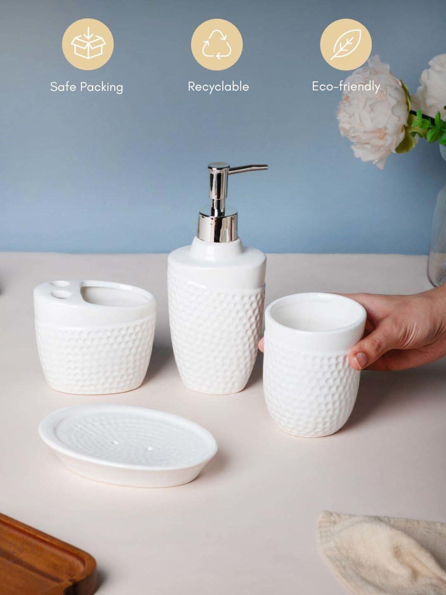 Nestasia dotted embossed White luxury ceramic bathroom complete set for wash basin (Set of 4)