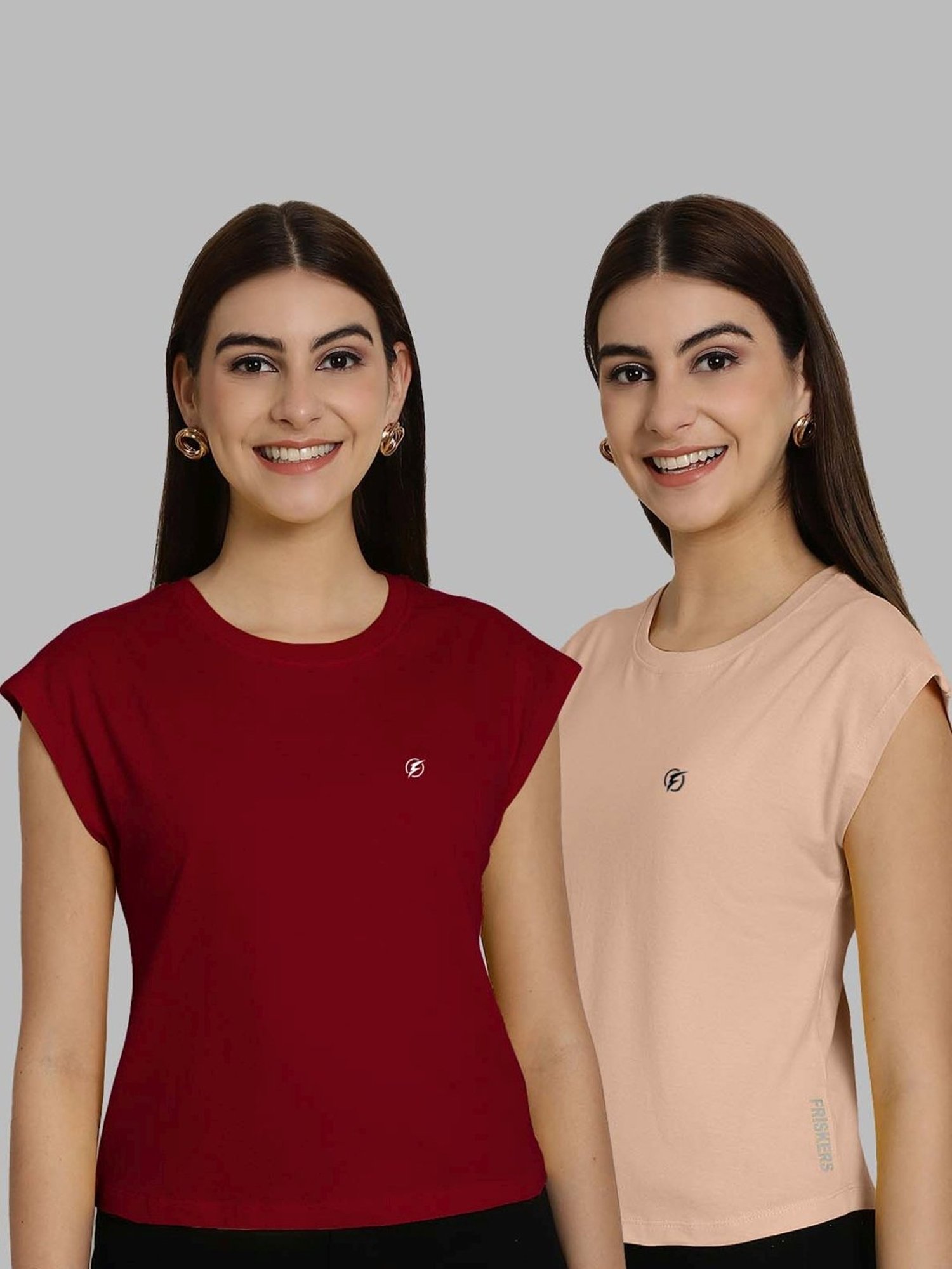 Friskers Maroon & Beige Slim Fit Sports T-Shirts - Pack Of 2