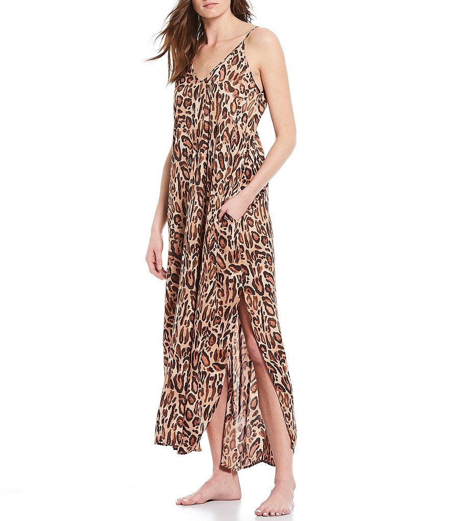 VAN WINKLE & CO. Maxi Leopard Print Satin Maxi Chemise