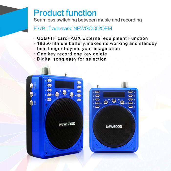 NEWGOOD Portable Mini Voice amplifier Speaker Microphone Megaphone Booster Loudspeaker MP3 player SD TF Card USB disk FM Radio For Sales Promotion (Blue)