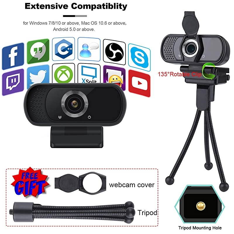 HD Webcam 1080P, USB Webcam Plug and Play Web Cam for Live Streaming,Web Camera for Computer PC Laptop Desktop,110 Degree Wide Angle Webcam with Microphone for Video Calling Recording Gaming