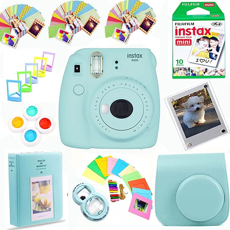 Instax Mini 9 Instant Film Camera Ice Blue + Instax Film 10 Shots + Pleather Case + 64 Pocket Album+ Photix SelfStanding Frames + Stickon Frames Exclusive Instax Design Bundle