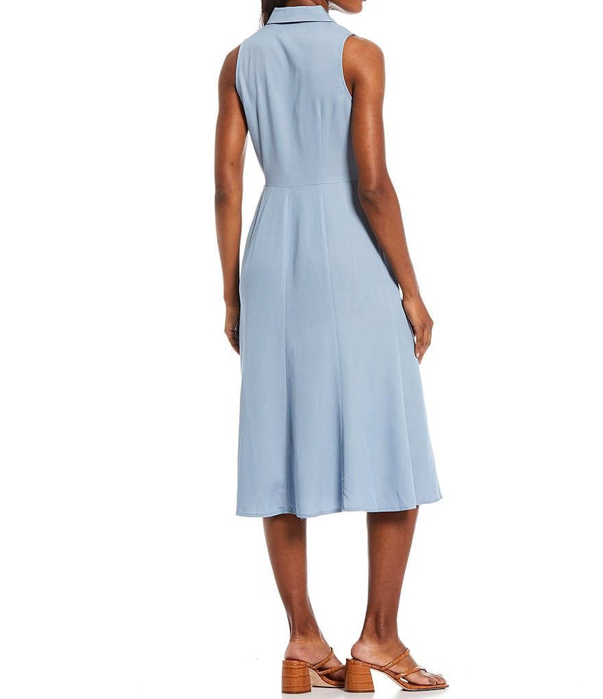 London Times Tie Front Chambray Midi A-Line Shirtdress