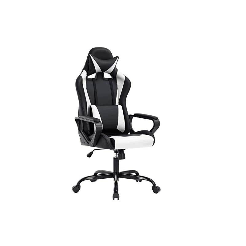 Back Gaming Chair PC Office Chair Racing Computer Chair Task PU Desk Chair Ergonomic Swivel Rolling Chair with Lumbar Support Headrest for Back Pain Women Adults Gamer (White)