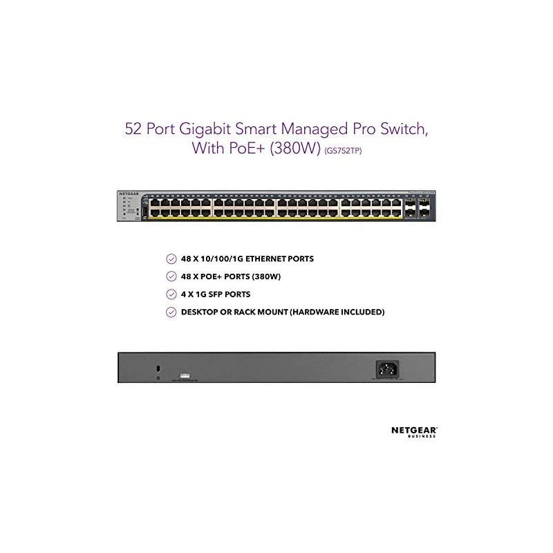 52-Port PoE Gigabit Ethernet Smart Switch (GS752TP) - Managed, Optional Insight Cloud Management, 48 x PoE+ @ 380W, 4 x 1G SFP, Desktop or Rackmount, and Limited Lifetime Protection