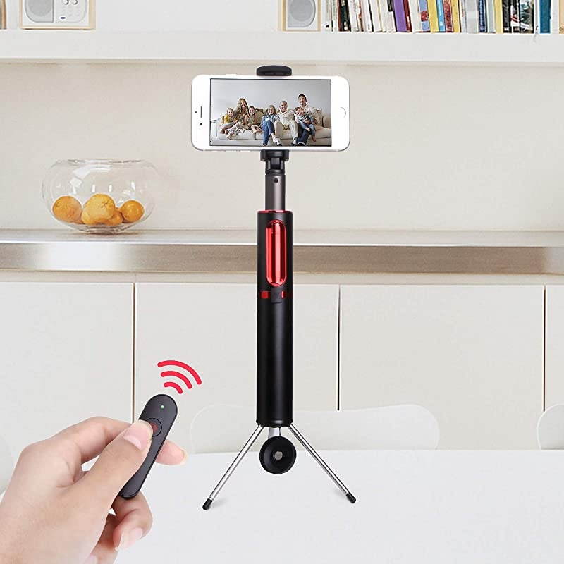 Stick Tripod Stand Bluetooth Tripod Stand Wireless Remote Compatible with Android Apple Cellphone Smartphone iPhone x Plus 6 7 8 S5 S6 S7 Google Huawei Black Red