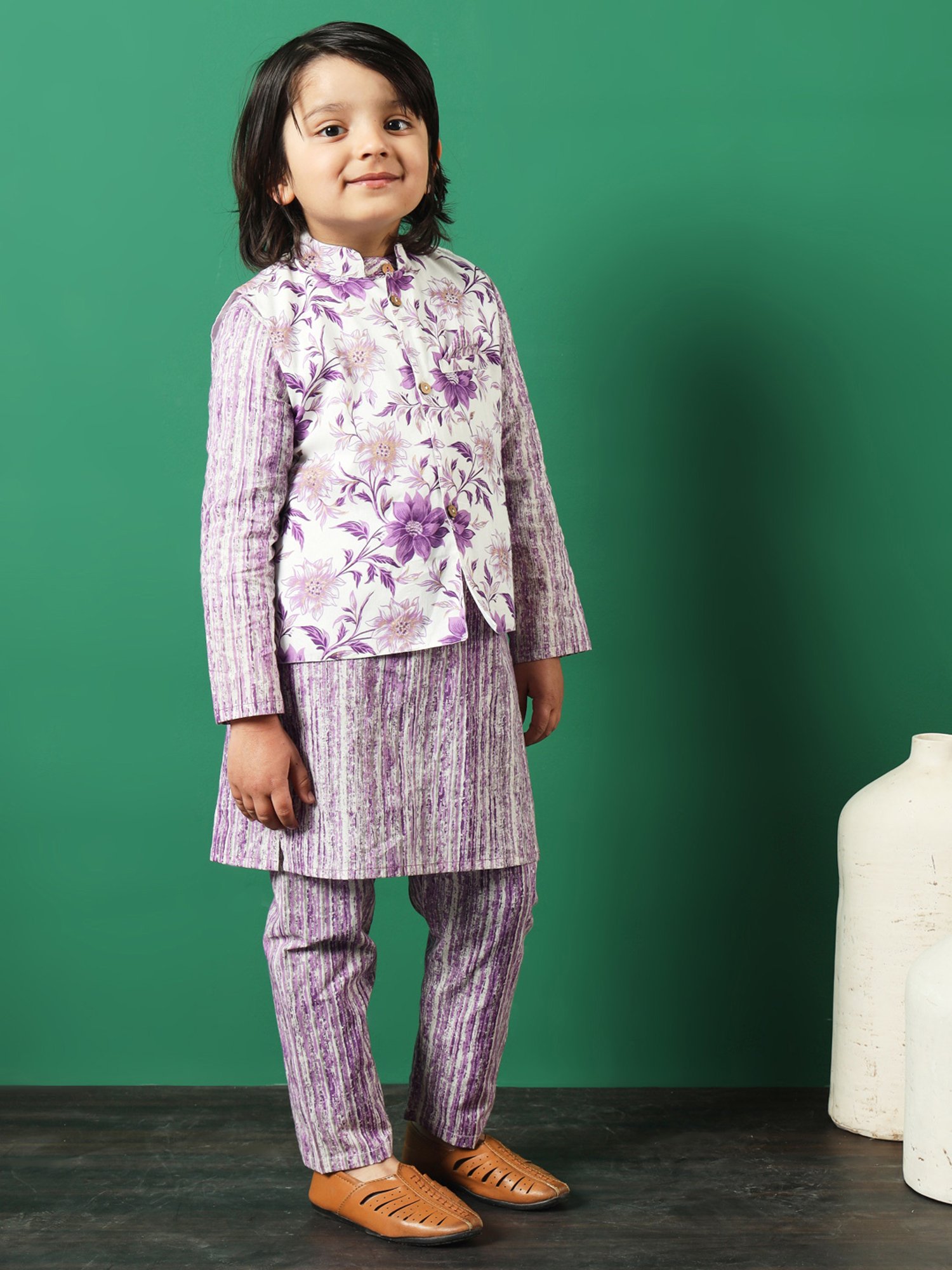 READIPRINT FASHIONS Kids Purple & White Printed Full Sleeves Kurta, Pyjamas with Jacket