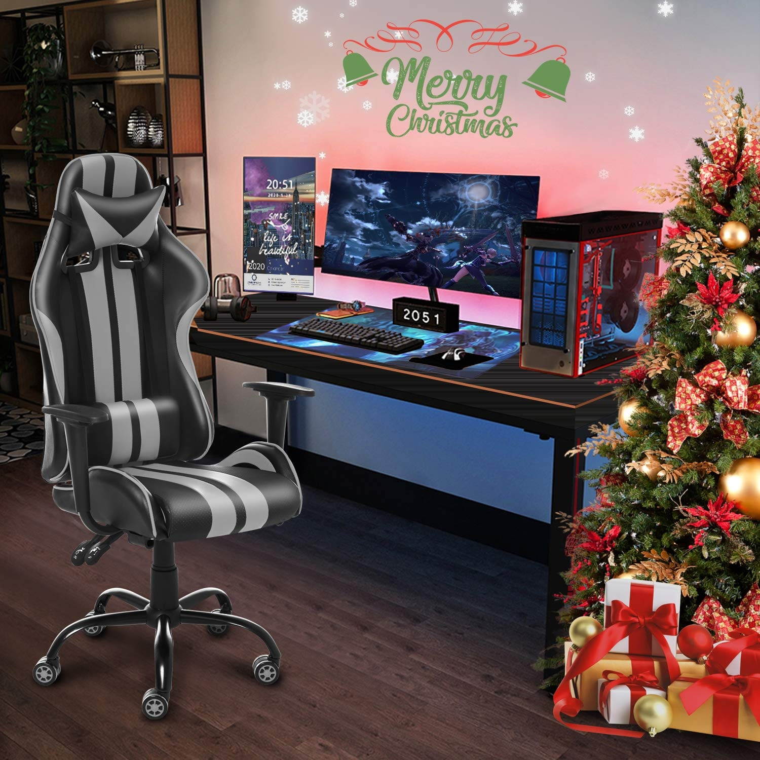 Gaming Chair,Massage Computer Chair,Video Game Chairs,Racing Chair for Gaming with Backrest and Seat Height Adjustable for Adults Teens Gifts(Flash Gray)