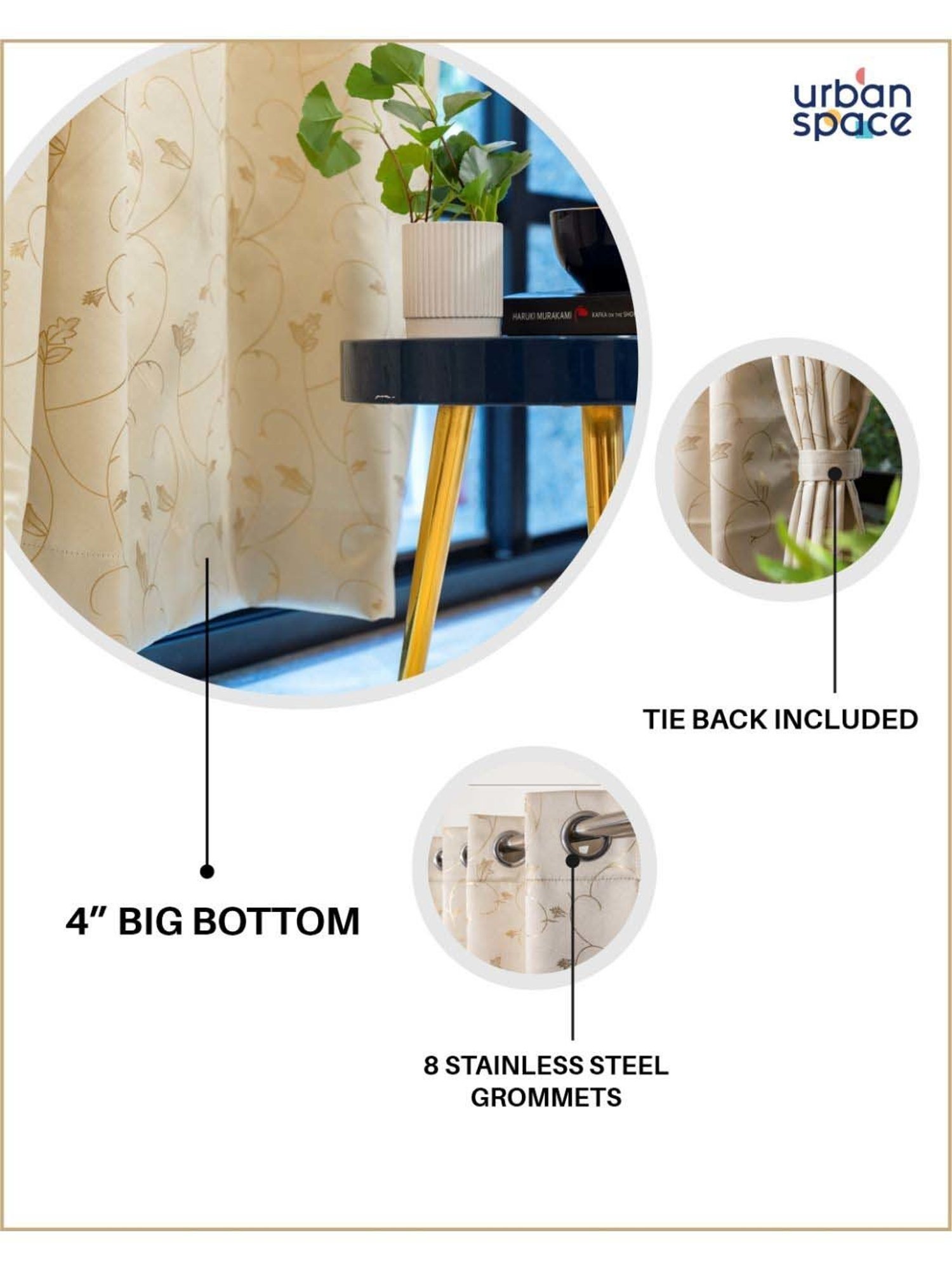 Urban Space Gold Leaf Beige Polyester Printed Black Out Window Curtain