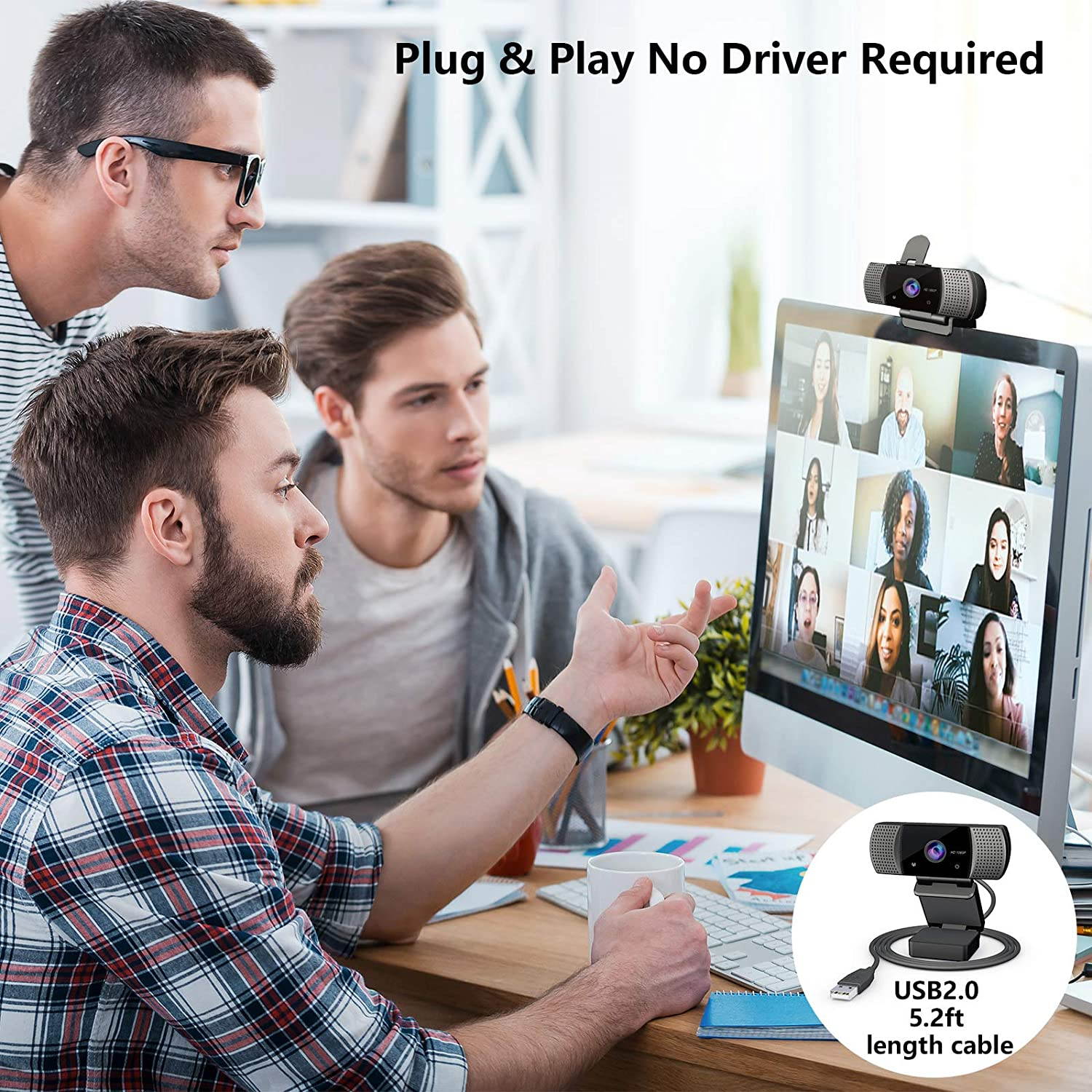 Webcam with Microphone Full 1080P HD with Privacy Cover & Tripod 110&deg;Wide View Angle Plug and Play Laptop Desktop USB 2.0 Web Camera for Video Calling Online Class Conferencing Recording Gaming