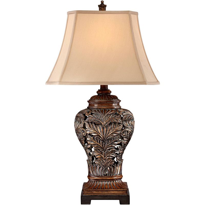 Barnes and Ivy Traditional Table Lamp Bronze Curling Leaves Tan Rectangular Shade for Living Room Family Bedroom Bedside
