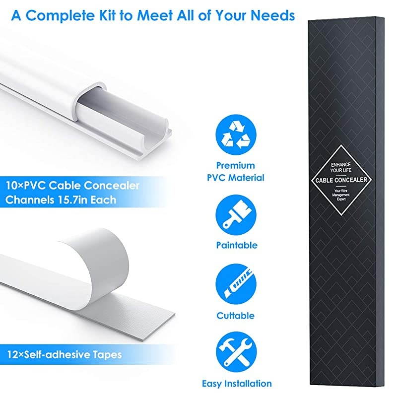 New Cord Hider 142in Mini Wire Cable Cover PVC Cable Concealer Channel Paintable Cord Cover to Hide Speaker Wire Ethernet Cable 9X L157in W05in H035in CC05 White