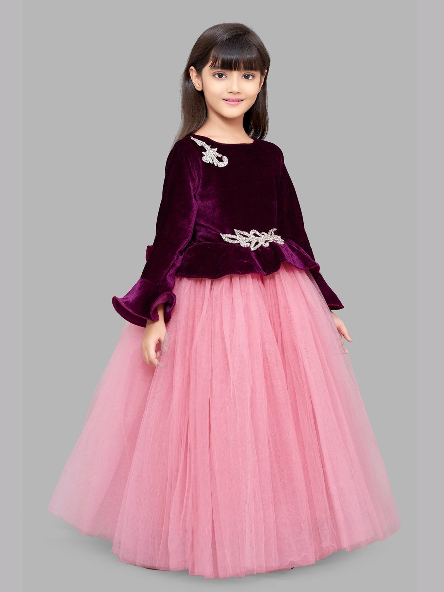 Pink Chick Kids Burgundy & Pink Solid  Full Sleeves Gown