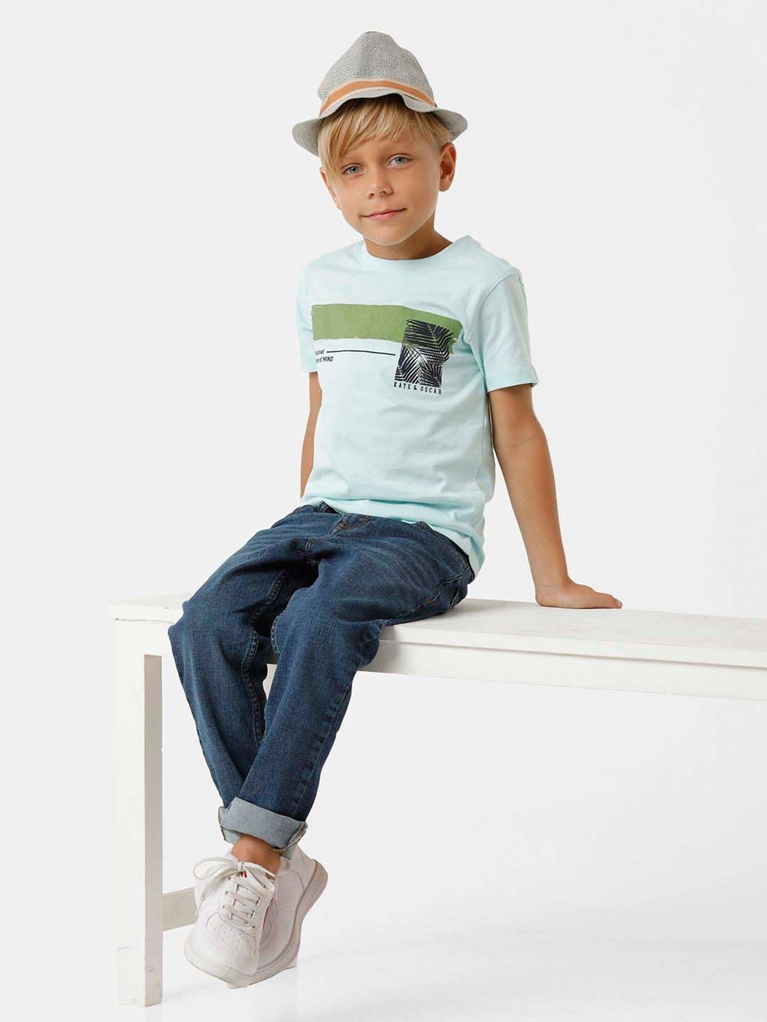 Kate & Oscar Kids Blue & Green Cotton Printed T-Shirt