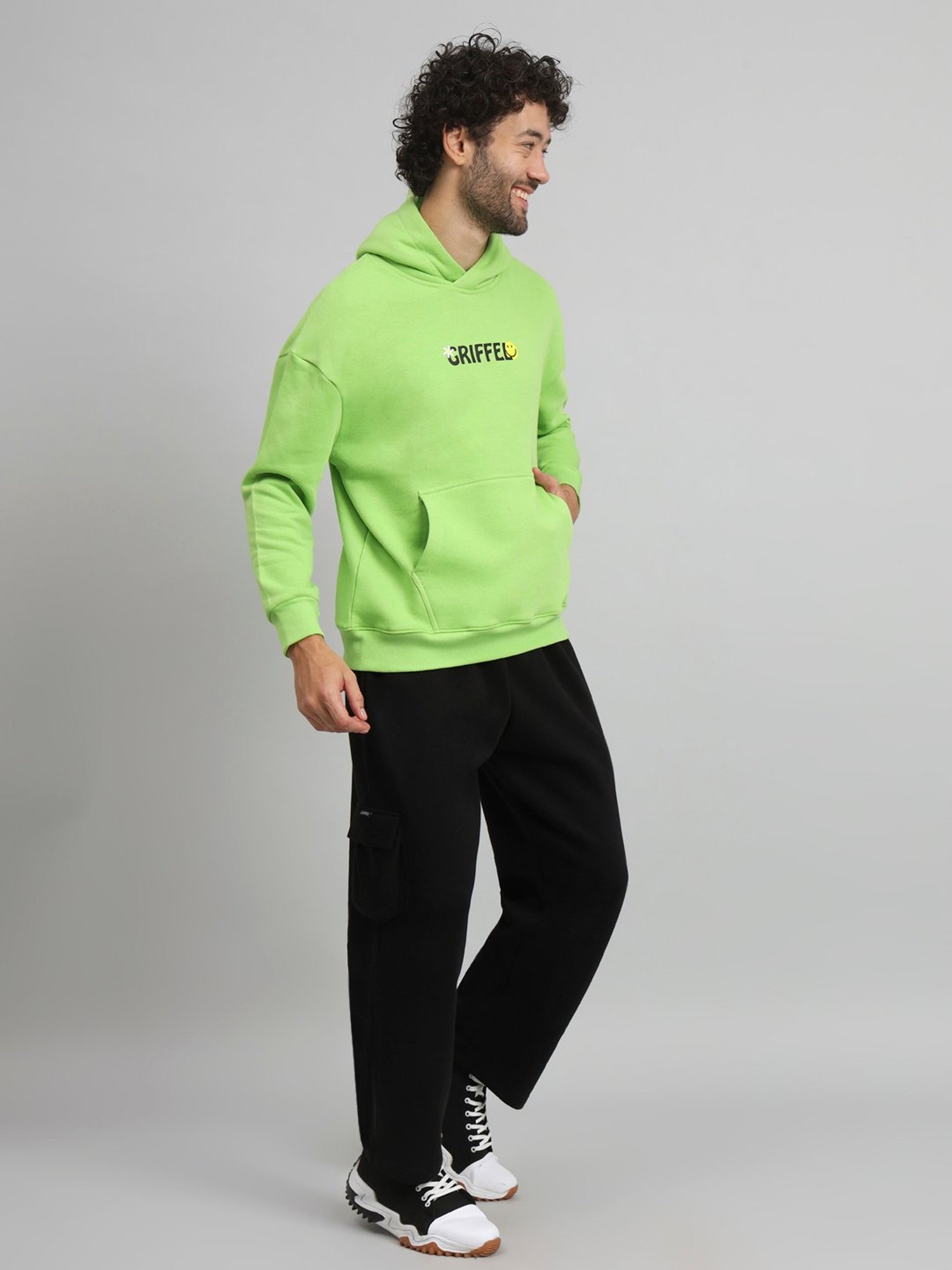 GRIFFEL Parrot Green & Black Loose Fit Printed Oversized Hooded Sweatshirt & Trackpants Set