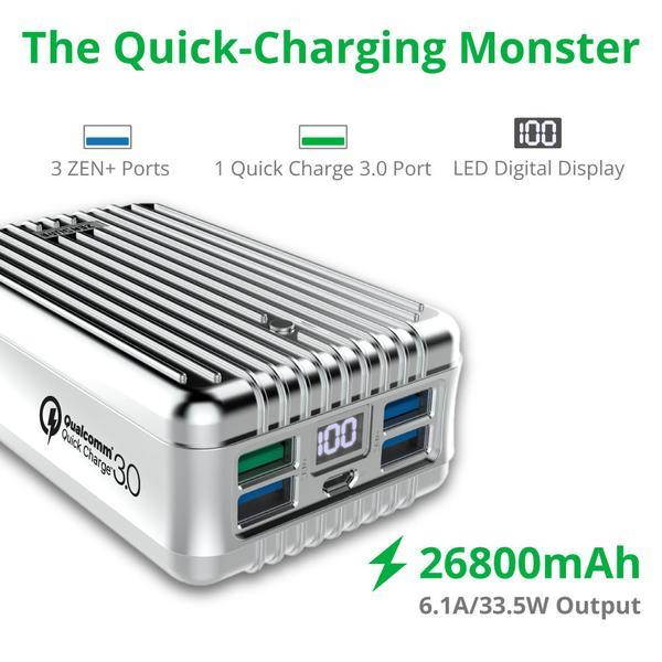 Zendure A8 26800 mAh Portable Charger &ndash; Ultra Durable Power Bank with QuickCharge 3.0, 4 USB Ports, Digital Display, Zen+ Technology for iPhone, iPad, Samsung Galaxy, LG, Pixel & More &ndash; Silver