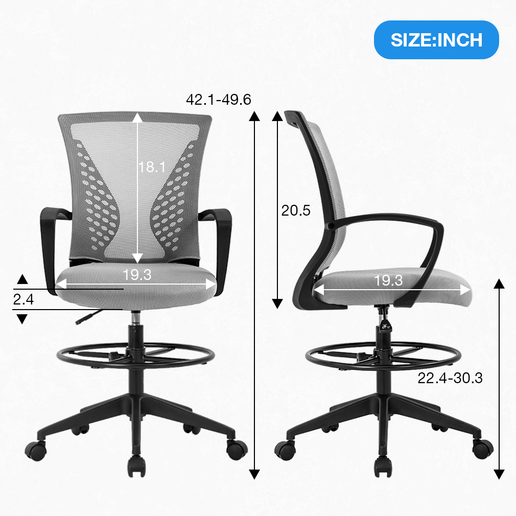 Drafting Chair Tall Office Chair Adjustable Height with Arms Foot Rest Back Support Rolling Swivel Desk Chair Mesh Drafting Stool for Standing Desk Adults Men(Grey)