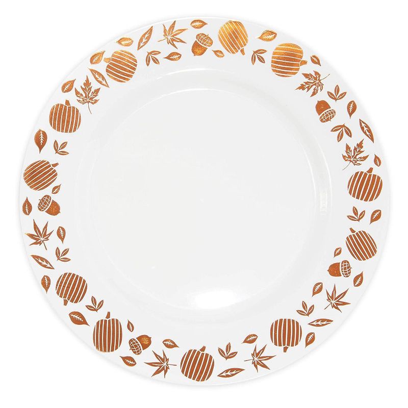 Juvale 24 Pack Plastic Thanksgiving Plastic Plates, Copper Foil Leaf Trim, Pumpkin Fall Tableware (9 In)