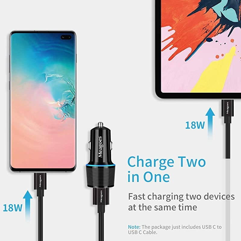 USB C Car Charger, 36W 2-Port Fast Charging Adapter with PD&QC3.0 Compatible for Samsung Galaxy S21/S20 Plus/Ultra/S10/S9/Note 20/10, iPad Pro, Google Pixel, iPhone 11/Pro/Max -3ft Type C Cord