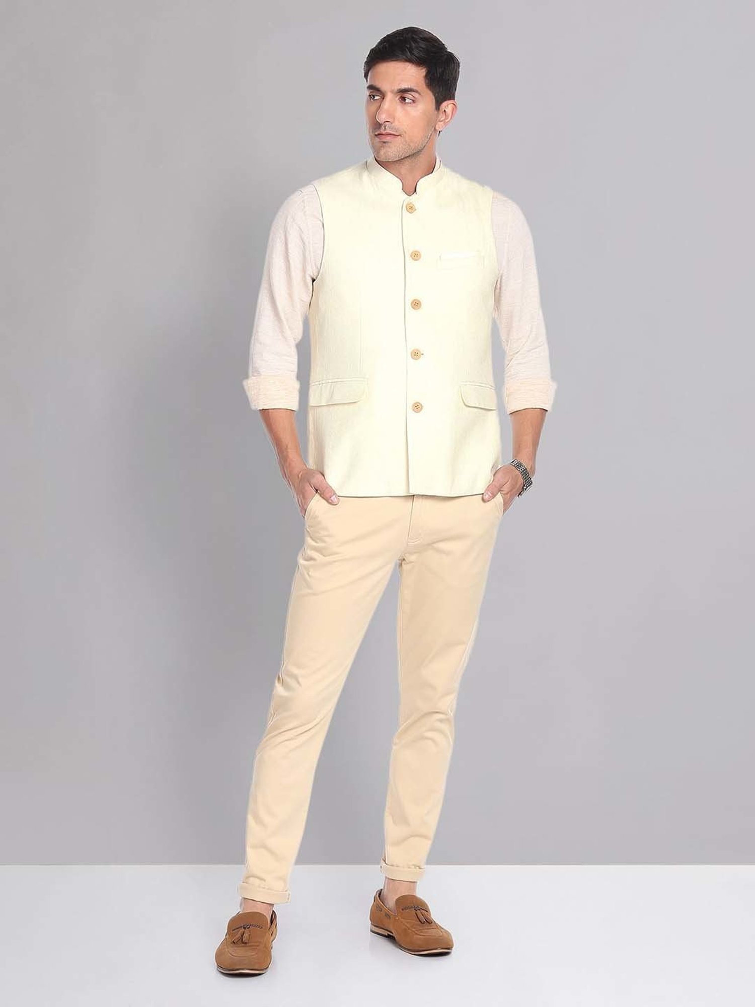 AD by Arvind Light Beige Mandarin Collar Self Design Nehru Jacket