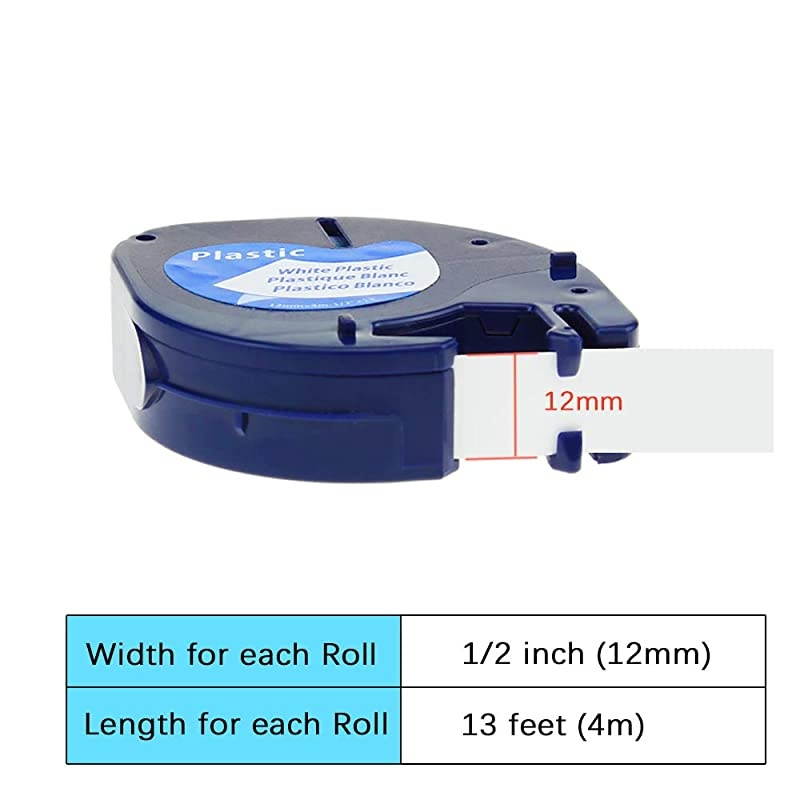 Compatible Label Tape Replacement for Dymo LetraTag Refills White Plastic 91331 for LetraTag Label Maker LT100H LT100T LT110T QX50 12 Inch x 13 Ft 12mm x 4m 5Pack