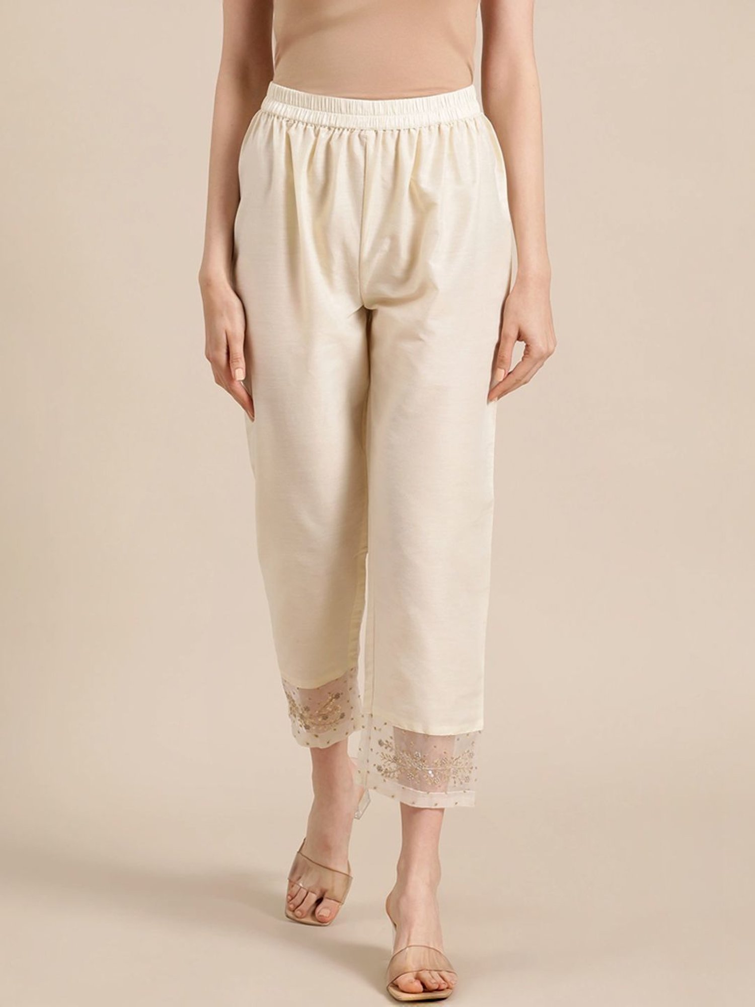 Varanga Off-White Embellished Crop Pants