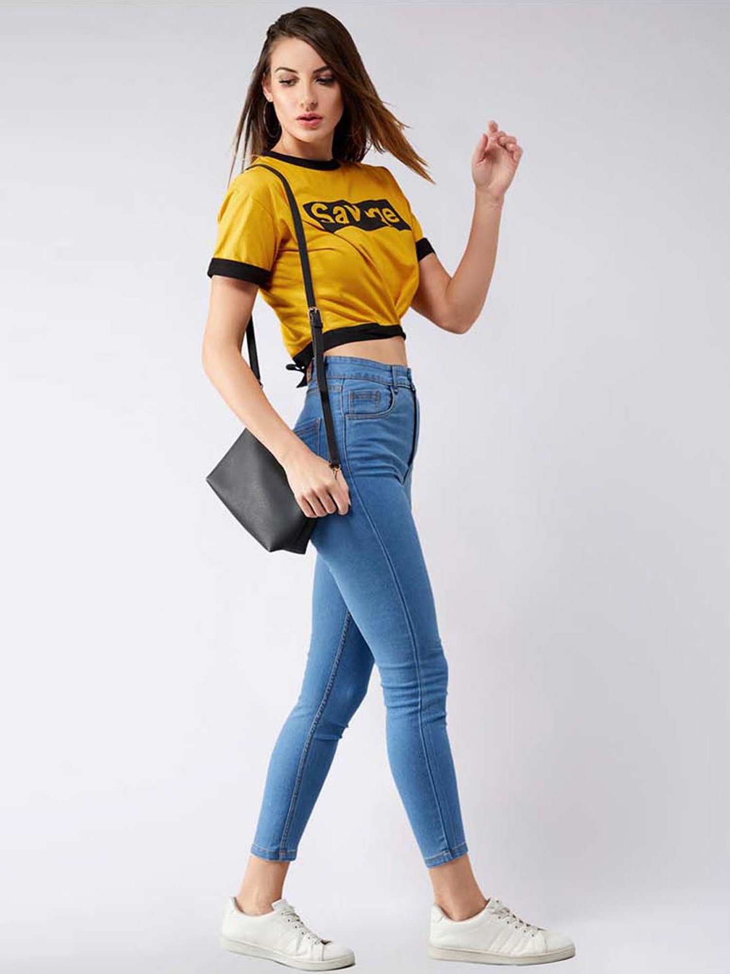Miss Chase Mustard Cotton Printed Crop Top