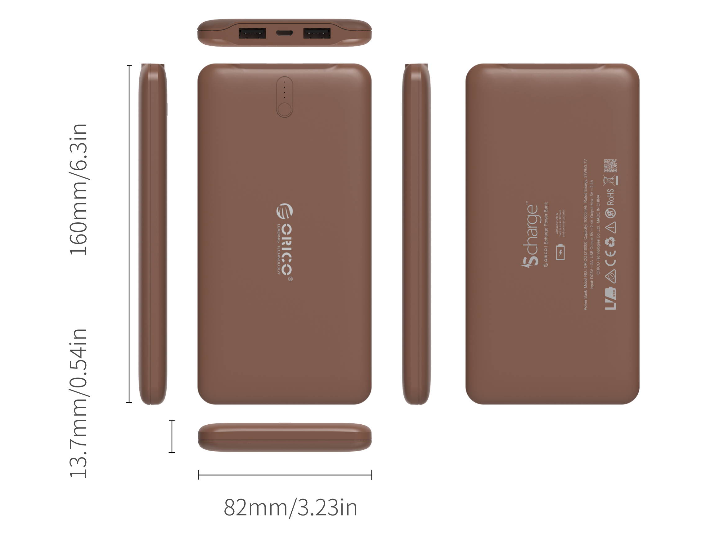 ORICO  Ultra Slim High Capacity Travel Battery Portable 10000mAh Pack Power Bank Dual USB 5V2.4A Charger with LED Power Indicator
Technology for iPhone, Samsung Galaxy and More -White (D10000)