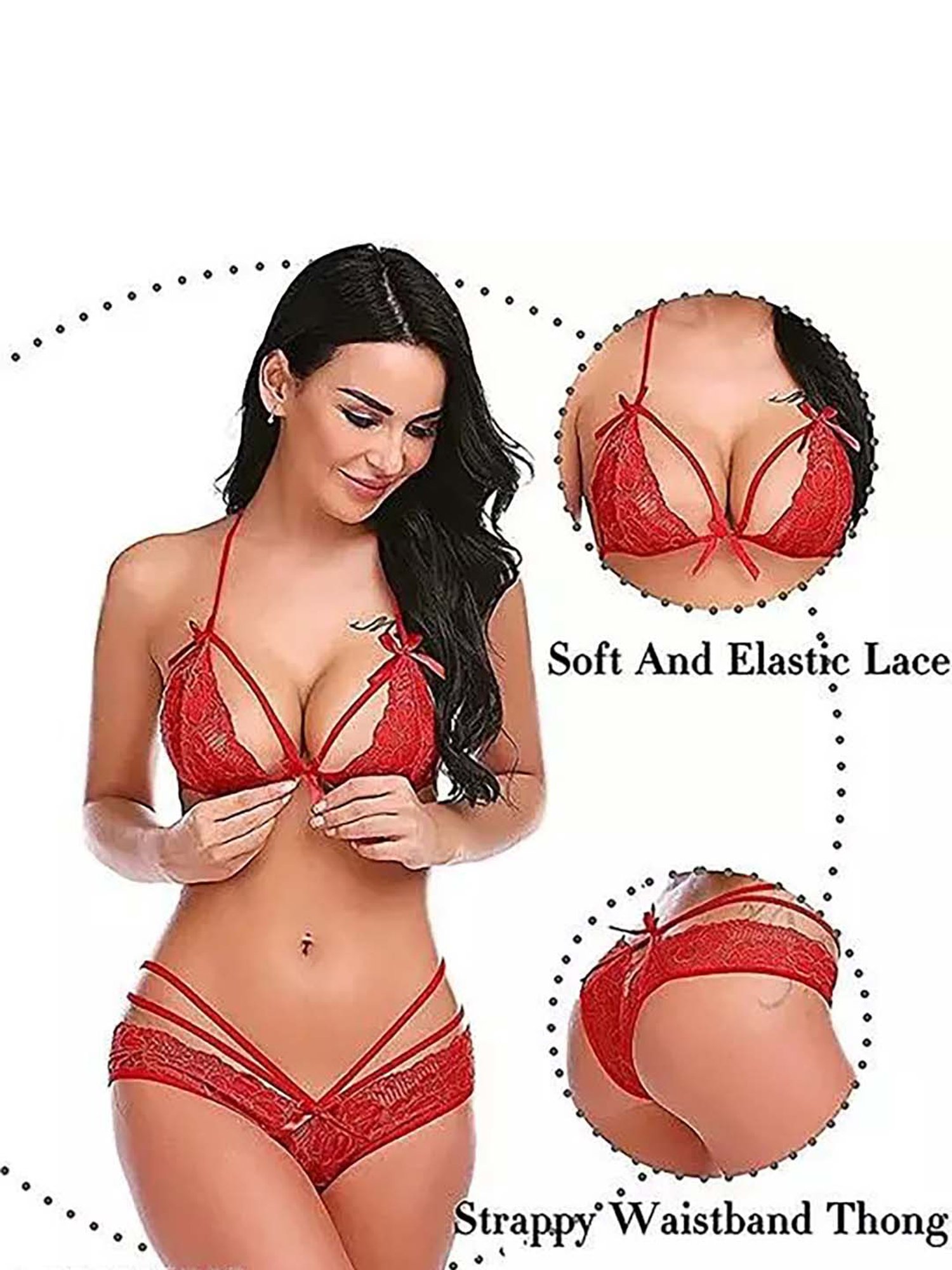 AROUSY Red & Pink Self Pattern Bikini Bra Panty Set - Set Of 3