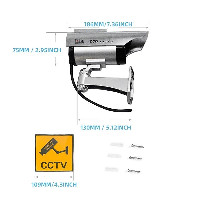 Powered Dummy Security Camera Bullet Fake Surveillance System with Realistic Red Flashing Lights and Warning Sticker Indoor Outdoor 4 Silver
