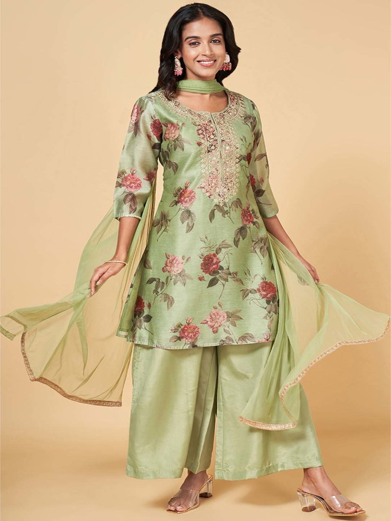 Rangmanch by Pantaloons Green Printed Kurti Palazzo Set With Dupatta
